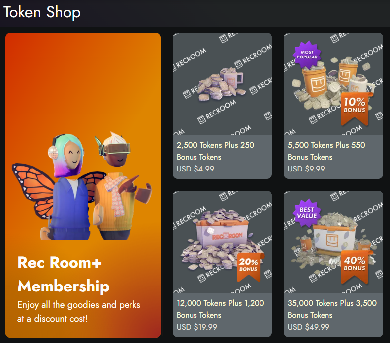 Purchasing Tokens or RR+ Using Your Wallet Balance Rec Room Help Center