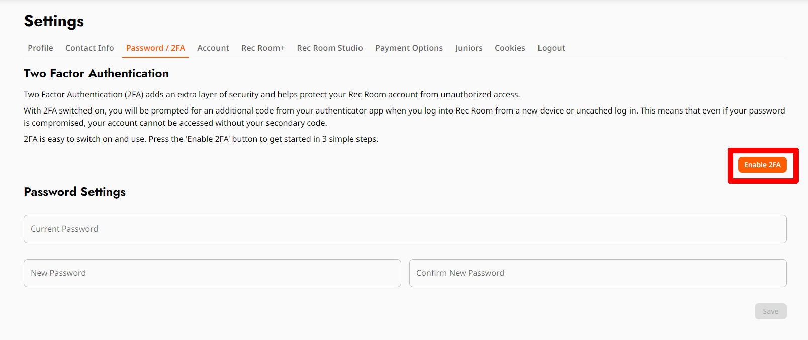 Enabling Two-factor Authentication (2FA) – Rec Room Help Center
